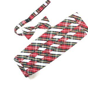 CUMBERBUND + BOWTIE Silk Red White Green Tartan Plaid Matching Set VTG  90's EVC